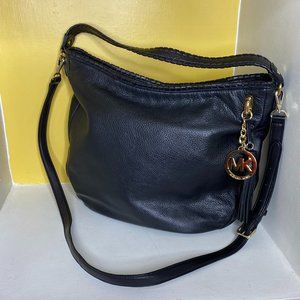 MK MICHAEL KORS Shoulder Whipstitch Black Pebbled Leather Hobo Bag